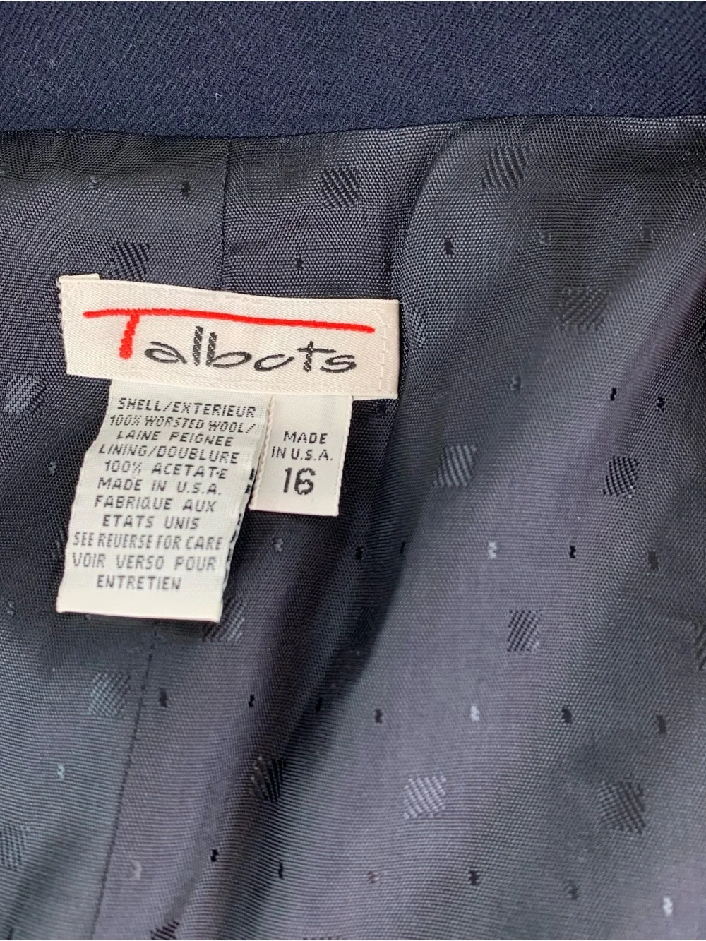 Talbots women's Classic 100% wool Blazer size 16 in navy blue Made in USA